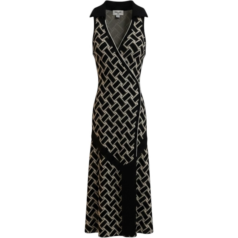 Diane von Furstenberg DVF Black Cream Geometric Knit Sleeveless Wrap Dress XS